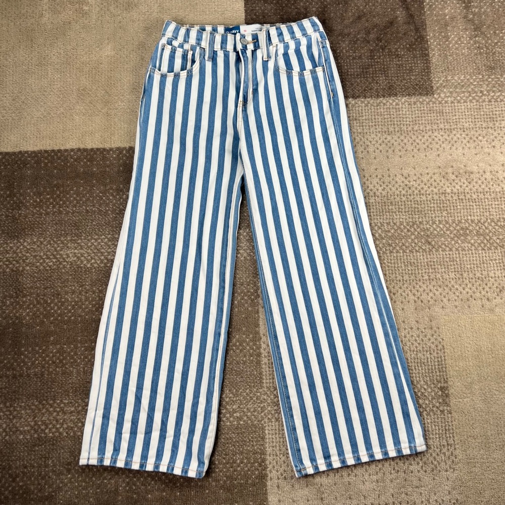 Old Navy Blue and White KIDS Striped Wide-Leg Jeans